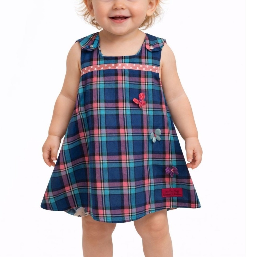 Handmade in Scotland Tiny Tots Togs‎ Reversible Baby Dress Plaid Butterfly
